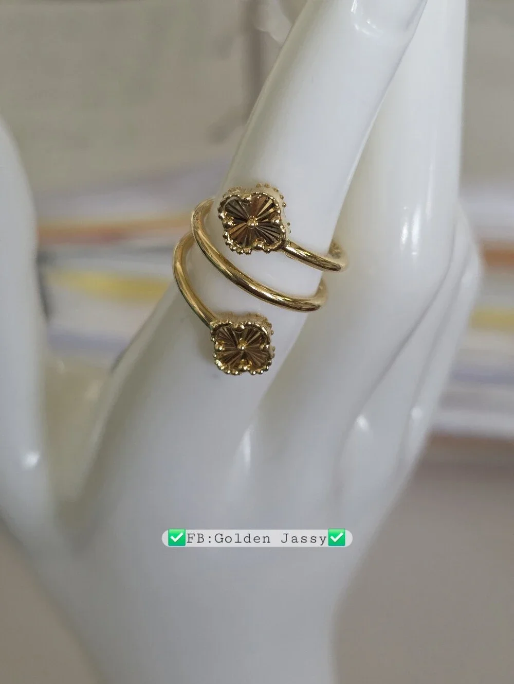 18K Real Gold Spiral Clover Ring 6